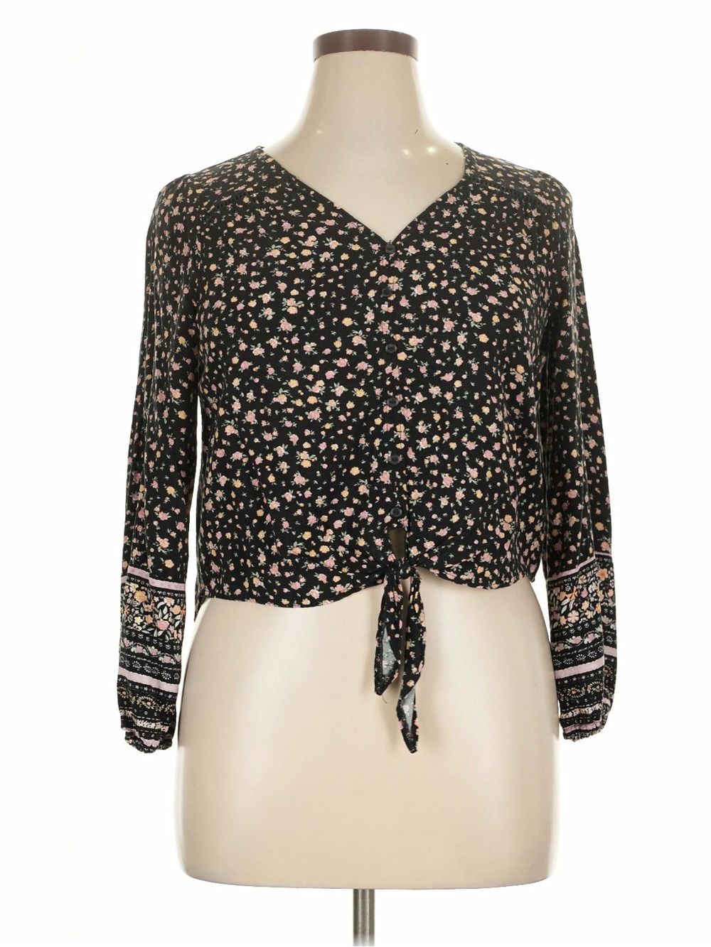 Hippie Rose Black Floral Tie-Front V-Neck Blouse